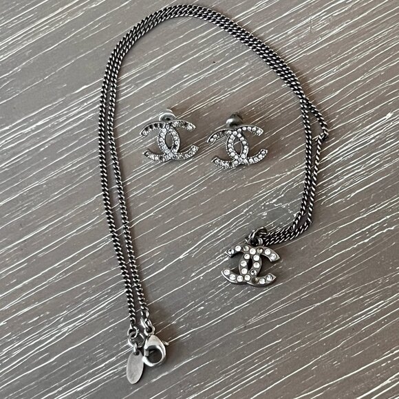 Chanel CC Classic Timeless Necklace and Earrings Crystal Set Silvery - Picture 1 of 7